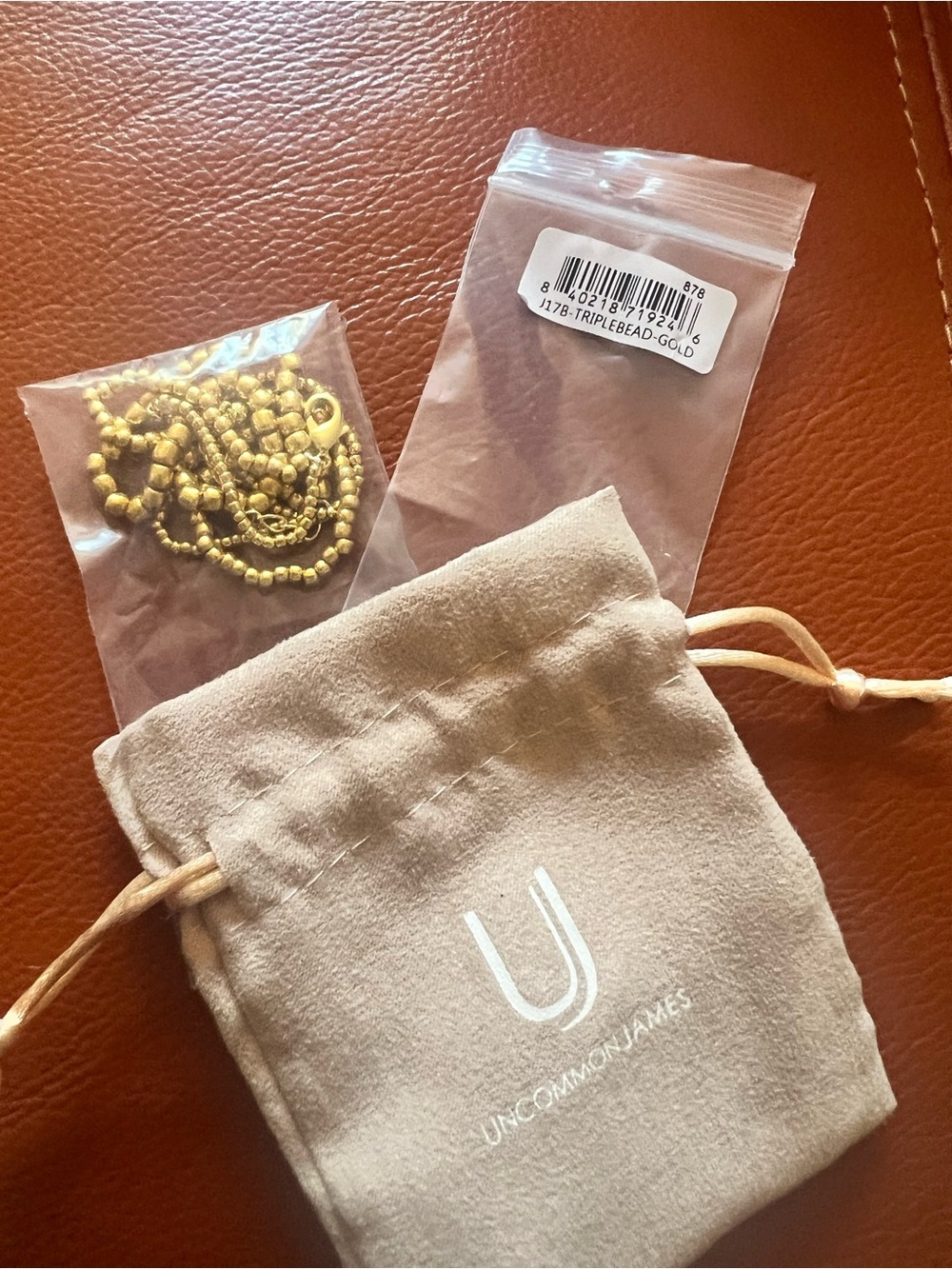 Uncommon James Gold Triple Bead Bracelet with Drawstring Jewelry Pouch